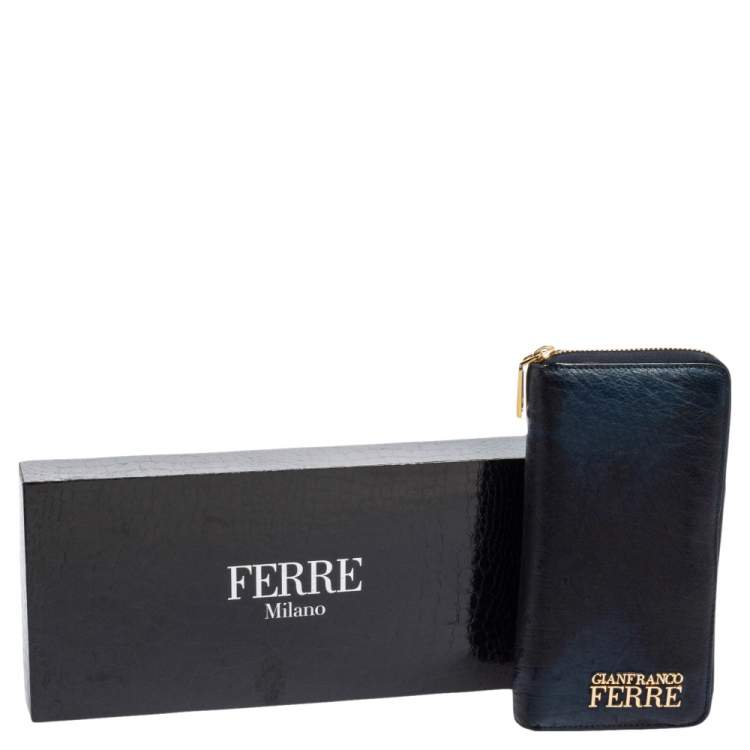 Pre Owned Gianfranco Ferre Navy Blue Ostrich Embossed Leather Zip Around Wallet