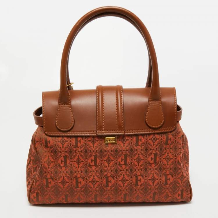 Pre Owned Gianfranco Ferre Brown Jacquard Fabric and Leather Flap Satchel
