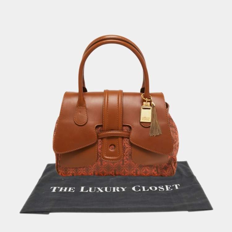 Pre Owned Gianfranco Ferre Brown Jacquard Fabric and Leather Flap Satchel