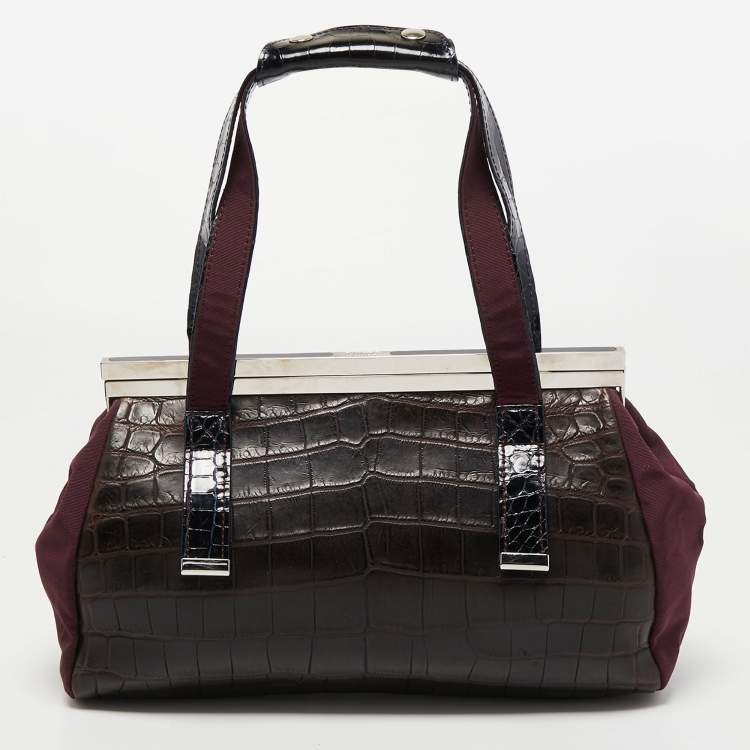 Pre Owned Gianfranco Ferre Burgundy/Navy Blue Alligator and Canvas Metal Frame Satchel