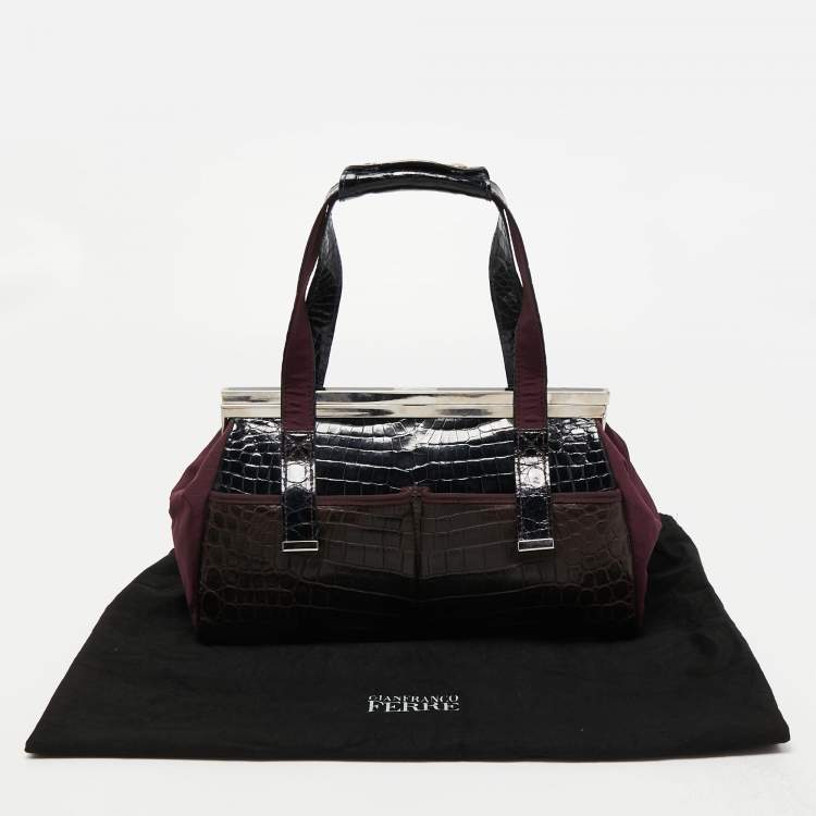 Pre Owned Gianfranco Ferre Burgundy/Navy Blue Alligator and Canvas Metal Frame Satchel