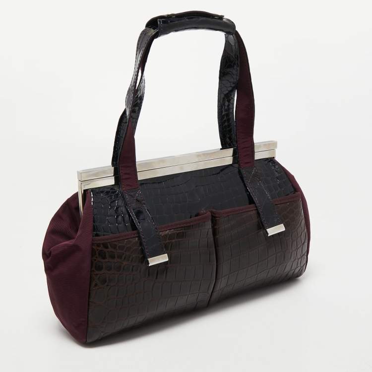 Pre Owned Gianfranco Ferre Burgundy/Navy Blue Alligator and Canvas Metal Frame Satchel