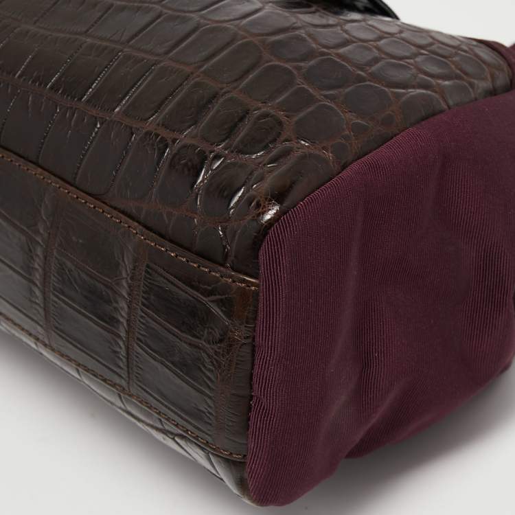Pre Owned Gianfranco Ferre Burgundy/Navy Blue Alligator and Canvas Metal Frame Satchel