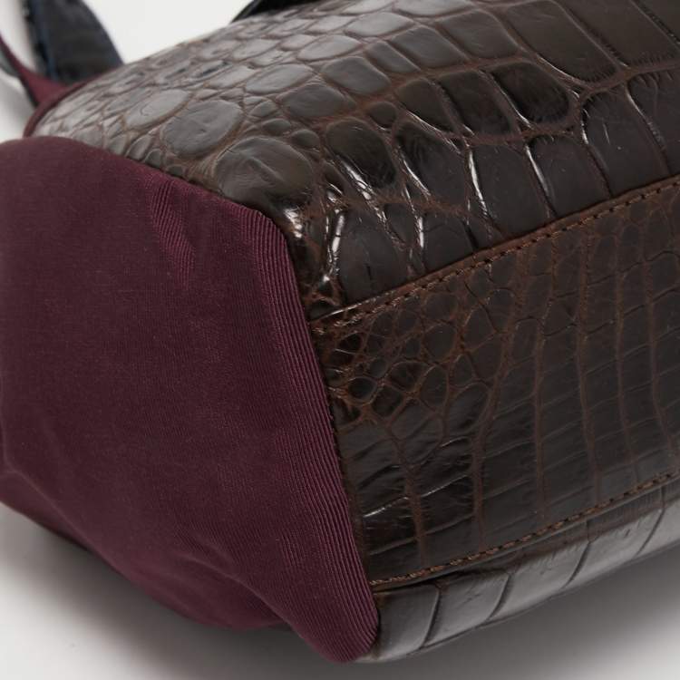 Pre Owned Gianfranco Ferre Burgundy/Navy Blue Alligator and Canvas Metal Frame Satchel