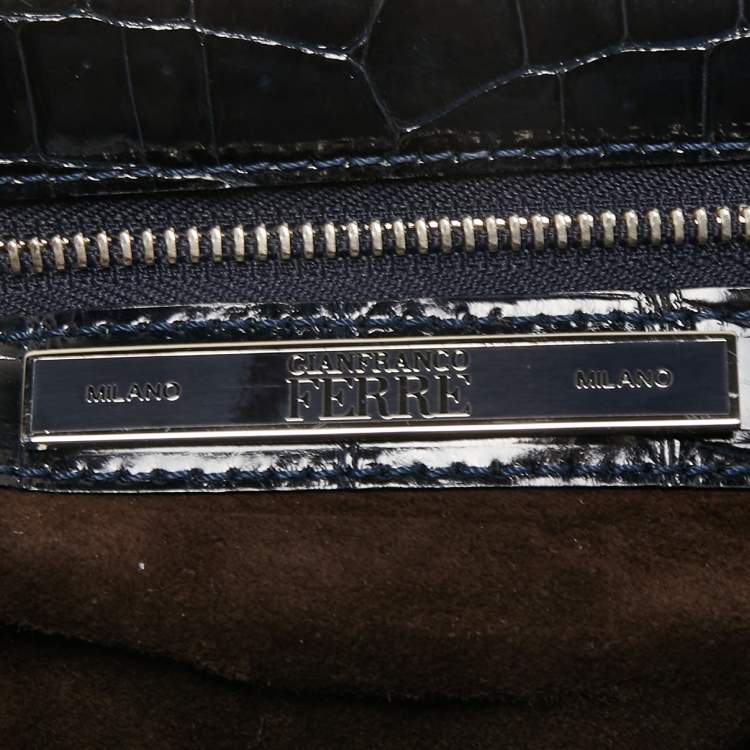 Pre Owned Gianfranco Ferre Burgundy/Navy Blue Alligator and Canvas Metal Frame Satchel