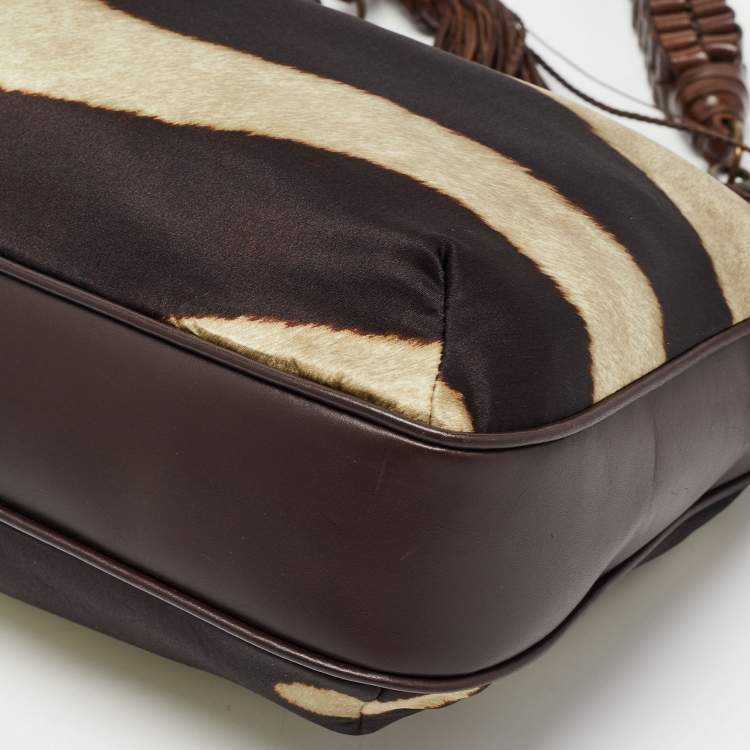 Pre Owned Gianfranco Ferre Brown Zebra Print Satin and Leather Tribe Handle Shoulder Bag