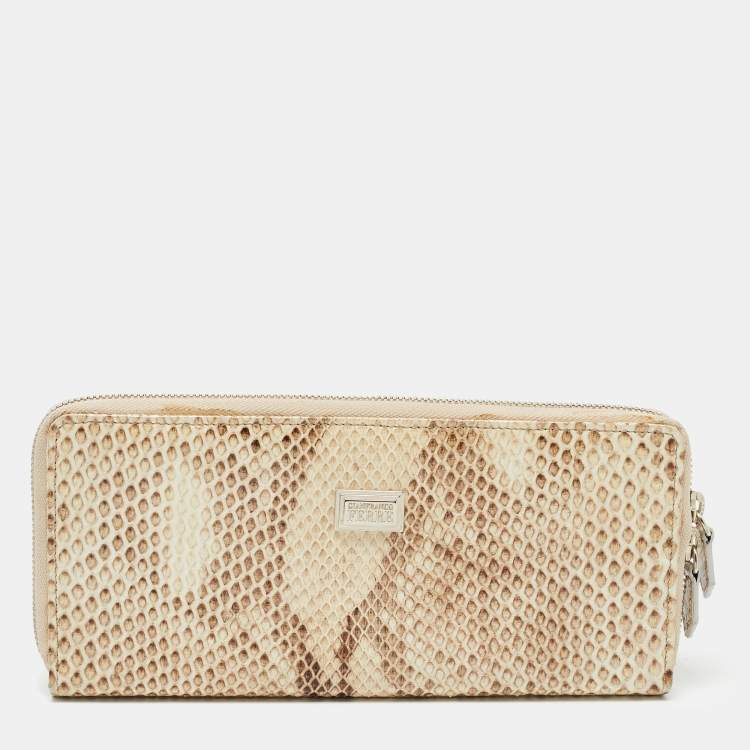 Pre Owned Gianfranco Ferre Beige Watersnake Leather Zip Around Oversized Wallet