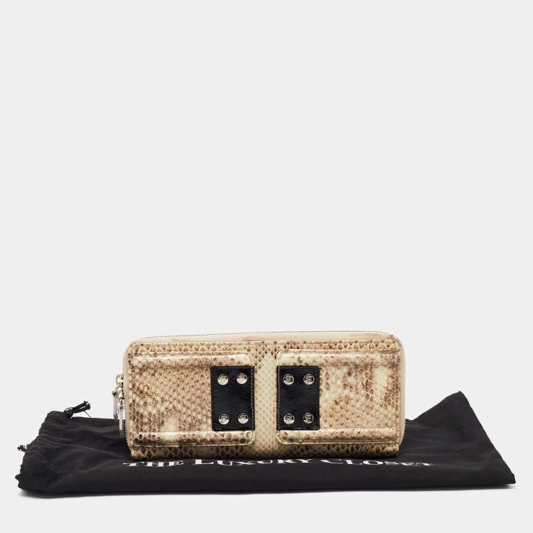 Pre Owned Gianfranco Ferre Beige Watersnake Leather Zip Around Oversized Wallet