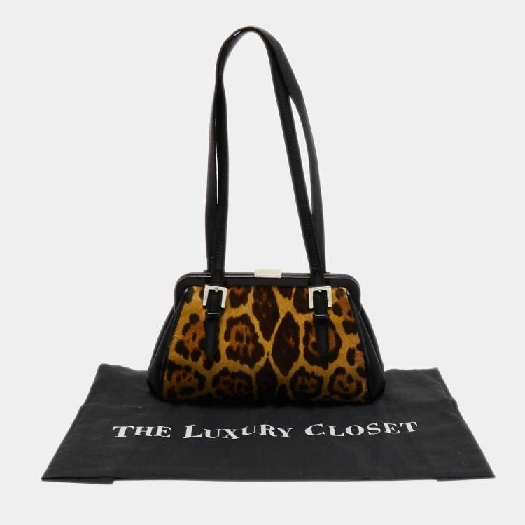 Pre Owned Gianfranco Ferre Black/Beige Leopard Print Calfhair, Satin and Leather Nylon Frame Baguette Bag