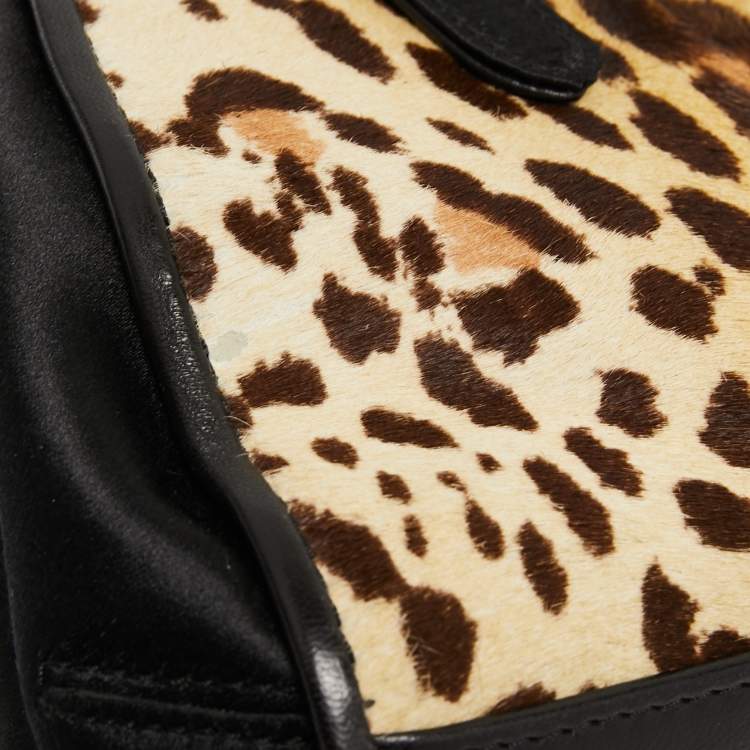 Pre Owned Gianfranco Ferre Black/Beige Leopard Print Calfhair, Satin and Leather Nylon Frame Baguette Bag
