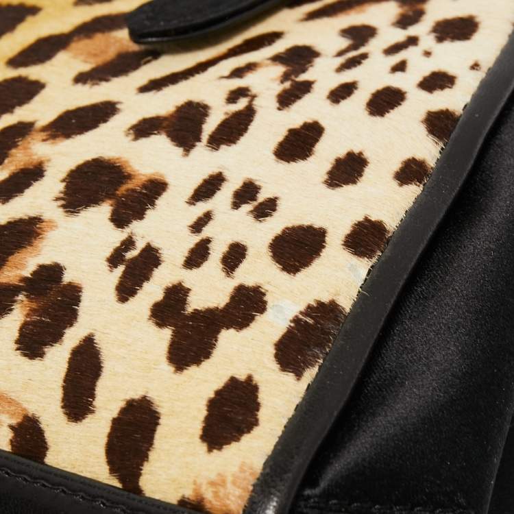Pre Owned Gianfranco Ferre Black/Beige Leopard Print Calfhair, Satin and Leather Nylon Frame Baguette Bag
