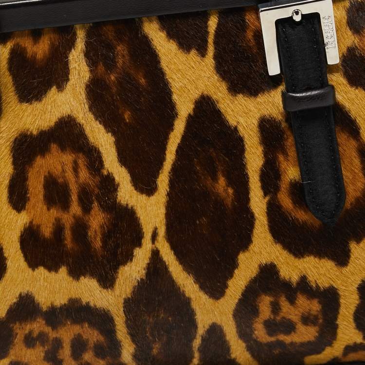 Pre Owned Gianfranco Ferre Black/Beige Leopard Print Calfhair, Satin and Leather Nylon Frame Baguette Bag