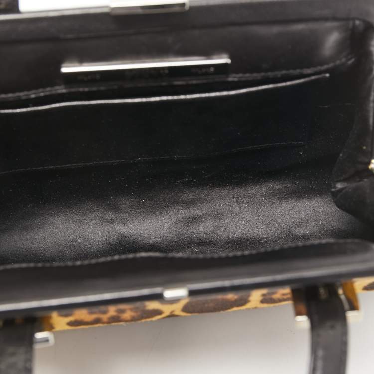 Pre Owned Gianfranco Ferre Black/Beige Leopard Print Calfhair, Satin and Leather Nylon Frame Baguette Bag