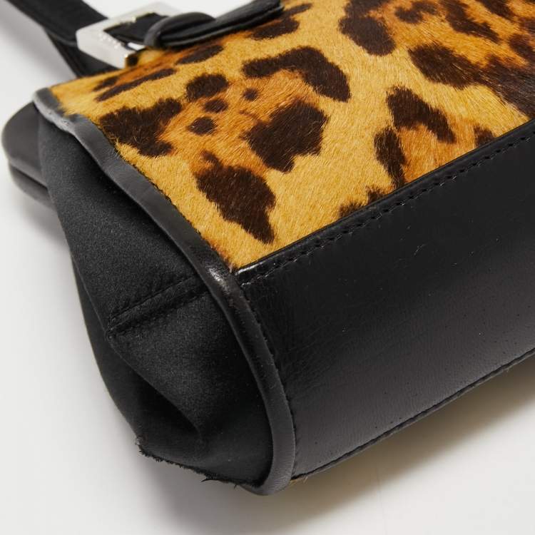 Pre Owned Gianfranco Ferre Black/Beige Leopard Print Calfhair, Satin and Leather Nylon Frame Baguette Bag