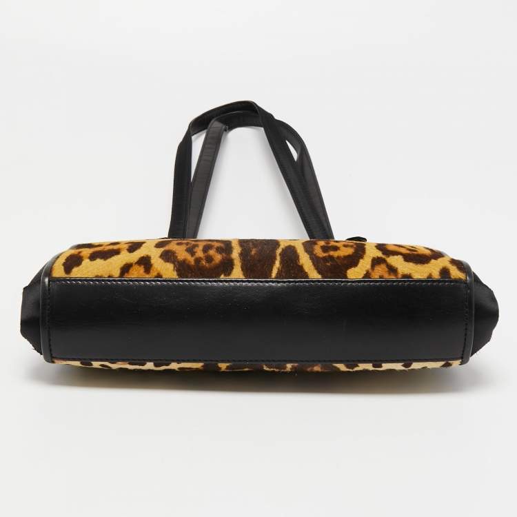 Pre Owned Gianfranco Ferre Black/Beige Leopard Print Calfhair, Satin and Leather Nylon Frame Baguette Bag