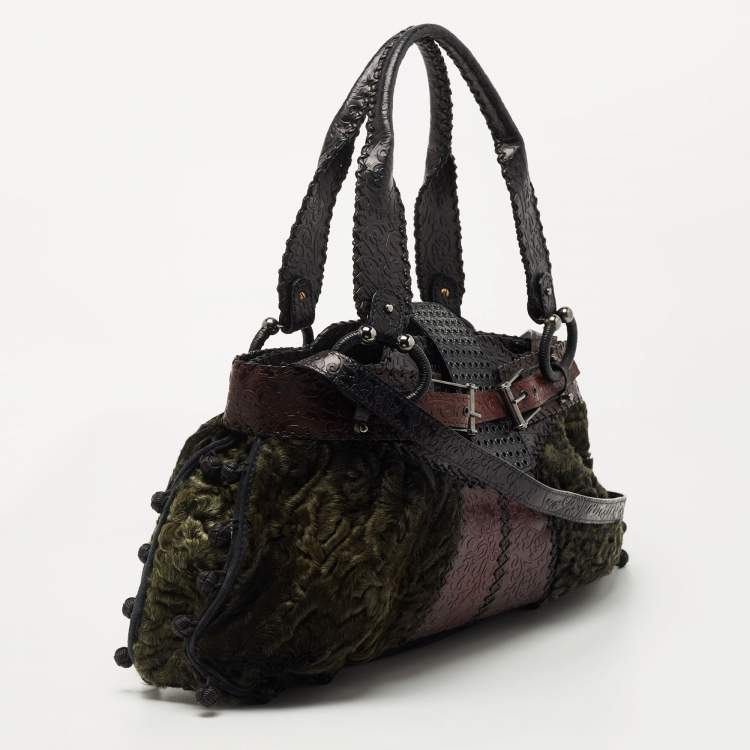 Pre Owned Gianfranco Ferre Multicolor Embossed Leather and Astrakhan Fur Tote