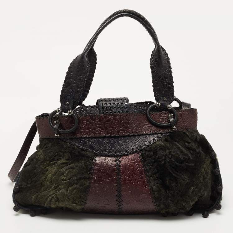 Pre Owned Gianfranco Ferre Multicolor Embossed Leather and Astrakhan Fur Tote