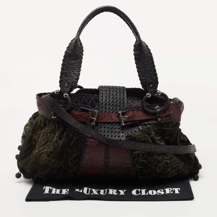 Pre Owned Gianfranco Ferre Multicolor Embossed Leather and Astrakhan Fur Tote