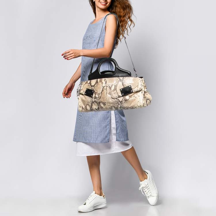 Pre Owned Gianfranco Ferre Beige/Black Watersnake and Leather Charm Satchel