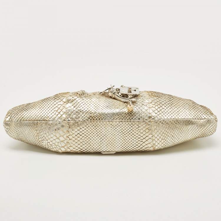 Pre Owned Gianfranco Ferre Gold Python Embossed Leather Charm Frame Clutch