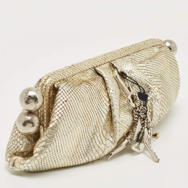 Pre Owned Gianfranco Ferre Gold Python Embossed Leather Charm Frame Clutch