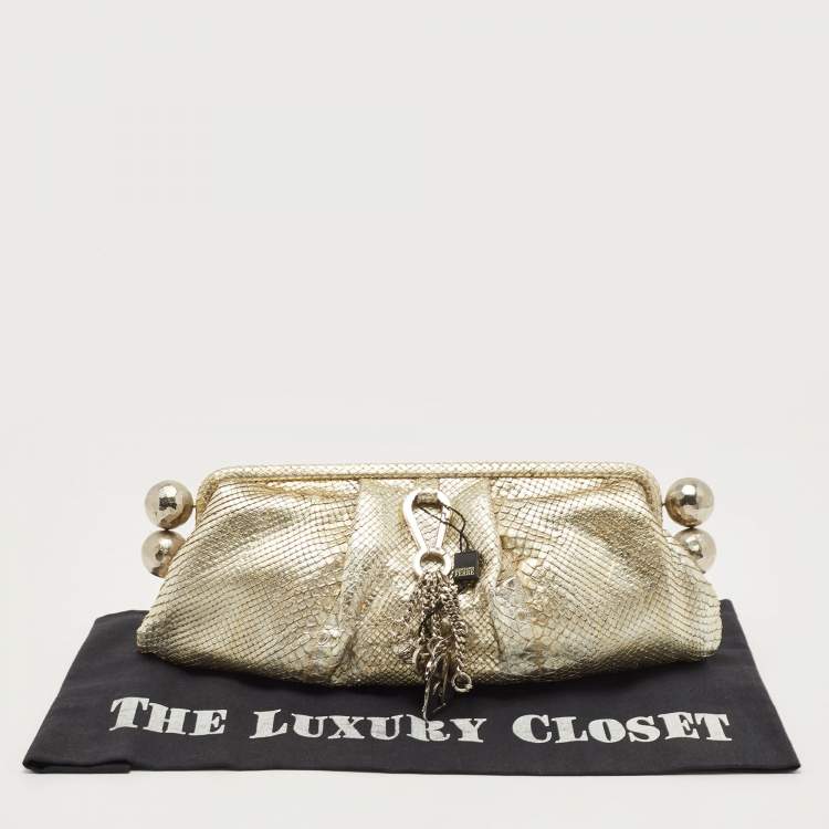 Pre Owned Gianfranco Ferre Gold Python Embossed Leather Charm Frame Clutch