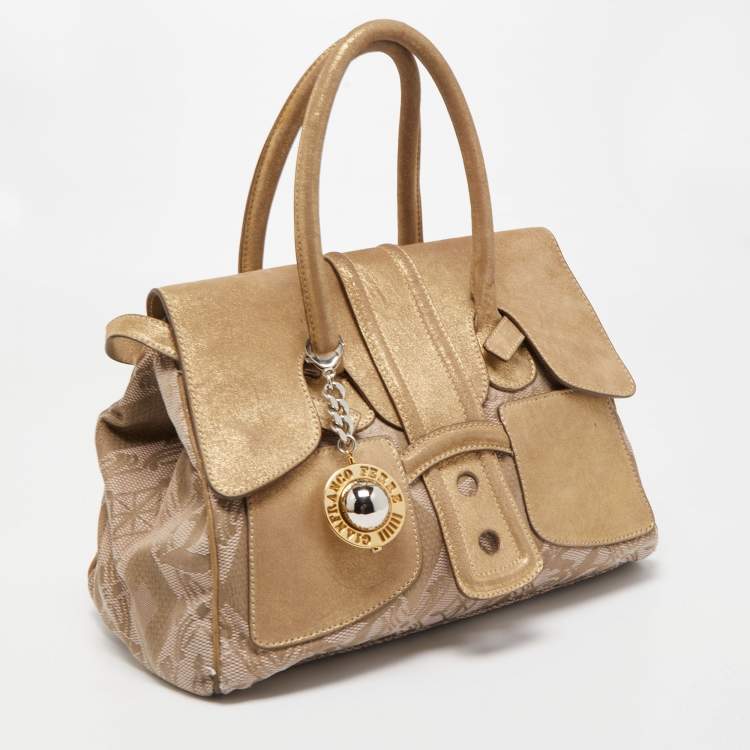 Pre Owned Gianfranco Ferre Gold/Beige Printed Canvas and Suede Flap Satchel