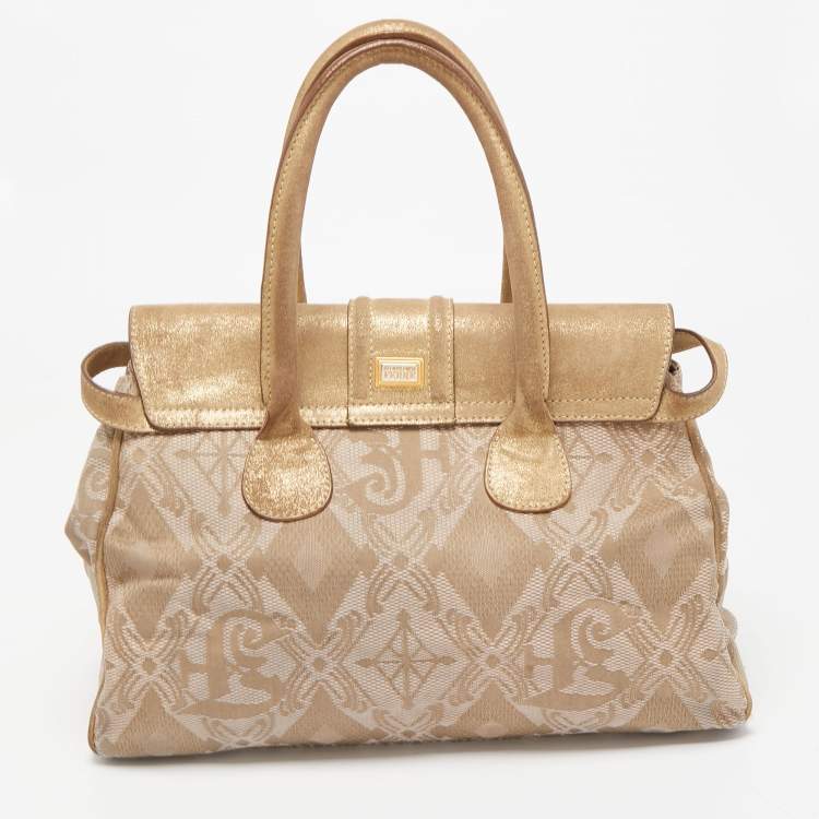 Pre Owned Gianfranco Ferre Gold/Beige Printed Canvas and Suede Flap Satchel