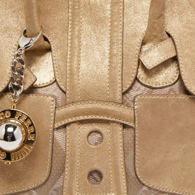 Pre Owned Gianfranco Ferre Gold/Beige Printed Canvas and Suede Flap Satchel