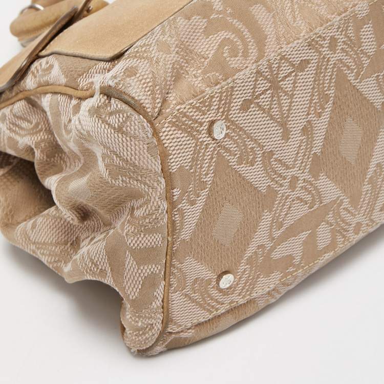 Pre Owned Gianfranco Ferre Gold/Beige Printed Canvas and Suede Flap Satchel