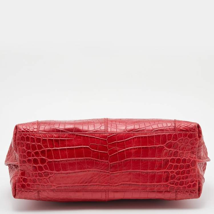 Pre Owned Gianfranco Ferre Red Croc Embossed Leather Tote