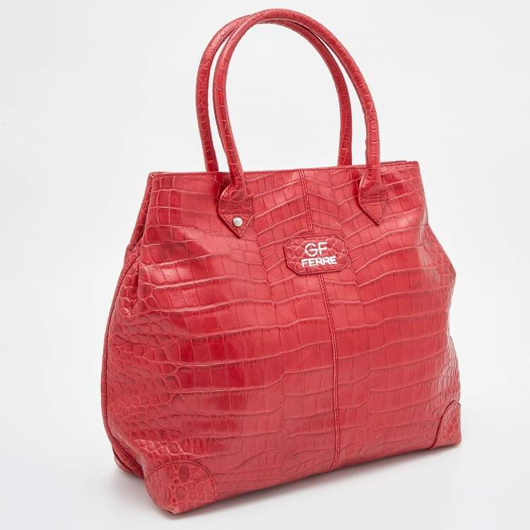 Pre Owned Gianfranco Ferre Red Croc Embossed Leather Tote