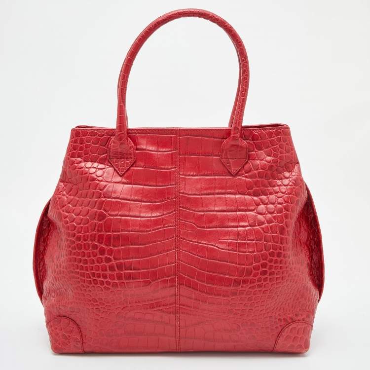 Pre Owned Gianfranco Ferre Red Croc Embossed Leather Tote