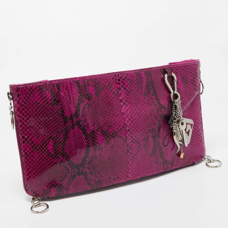 Pre Owned Gianfranco Ferre Magenta Python Side Zip Oversized Clutch