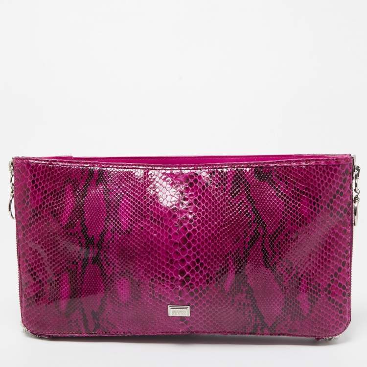 Pre Owned Gianfranco Ferre Magenta Python Side Zip Oversized Clutch