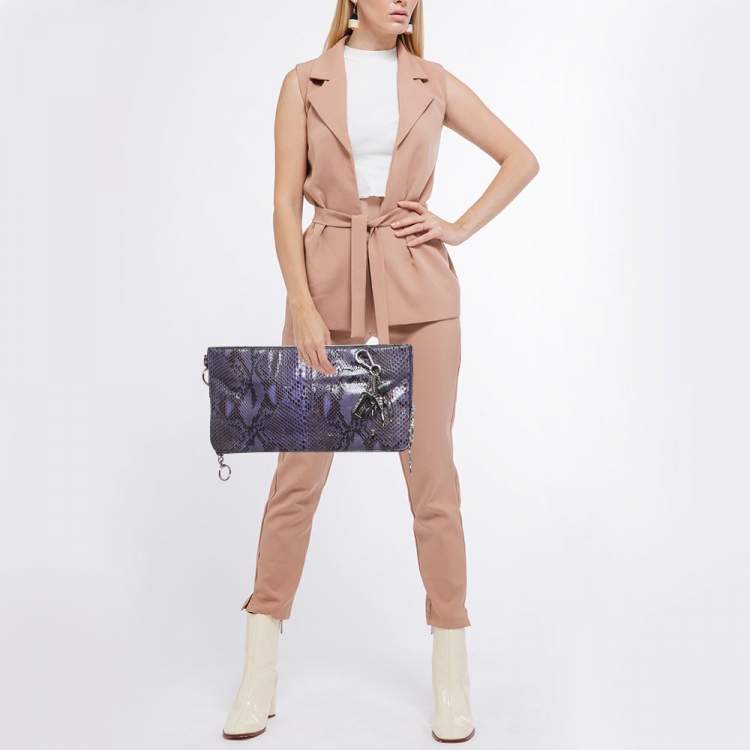 Pre Owned Gianfranco Ferre Purple Python Side Zip Oversized Clutch