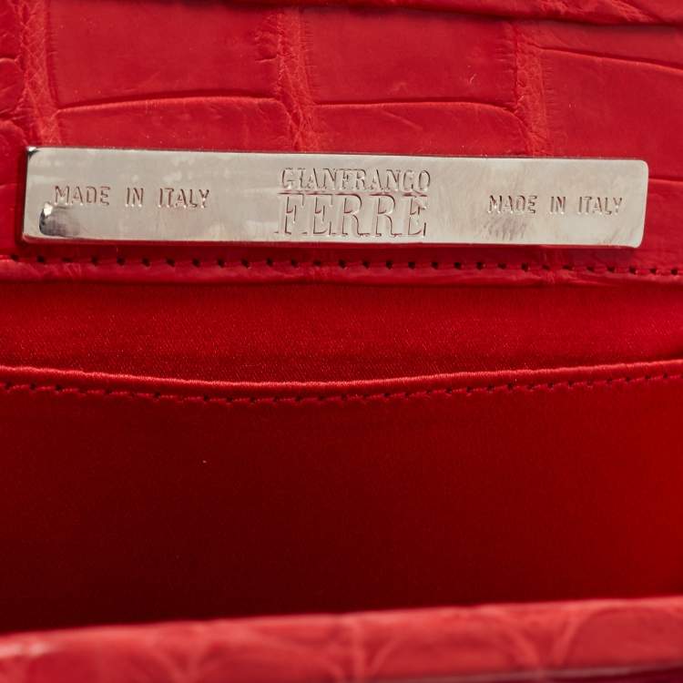 Pre Owned Gianfranco Ferre Red/Magenta Crocodile and Feather Top Handle Bag