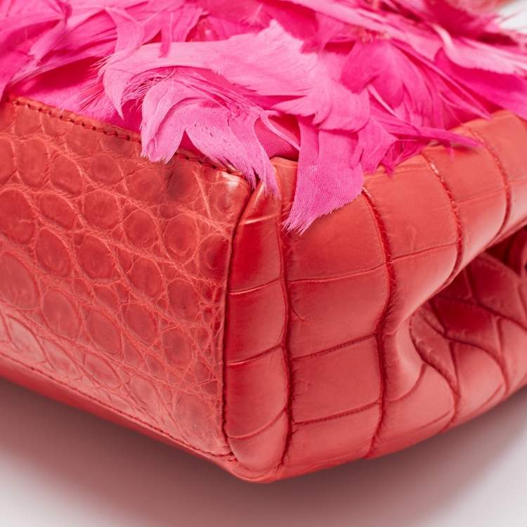 Pre Owned Gianfranco Ferre Red/Magenta Crocodile and Feather Top Handle Bag