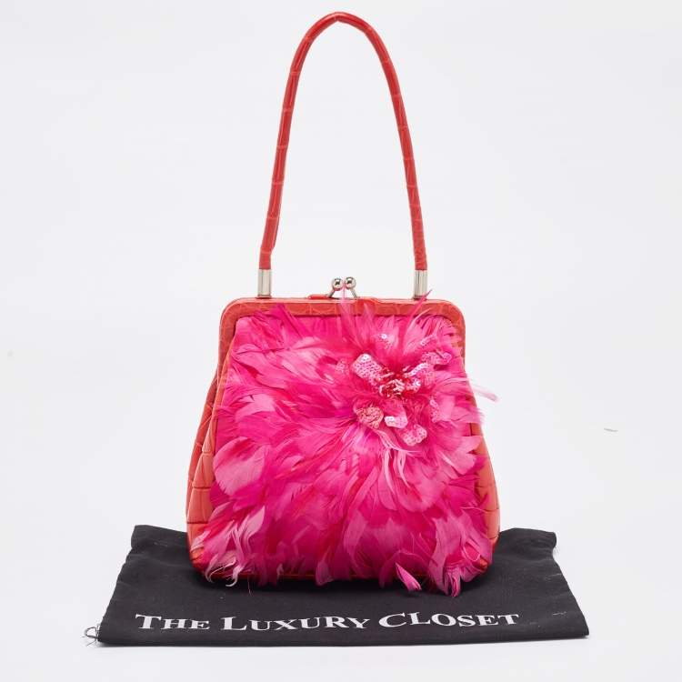 Pre Owned Gianfranco Ferre Red/Magenta Crocodile and Feather Top Handle Bag