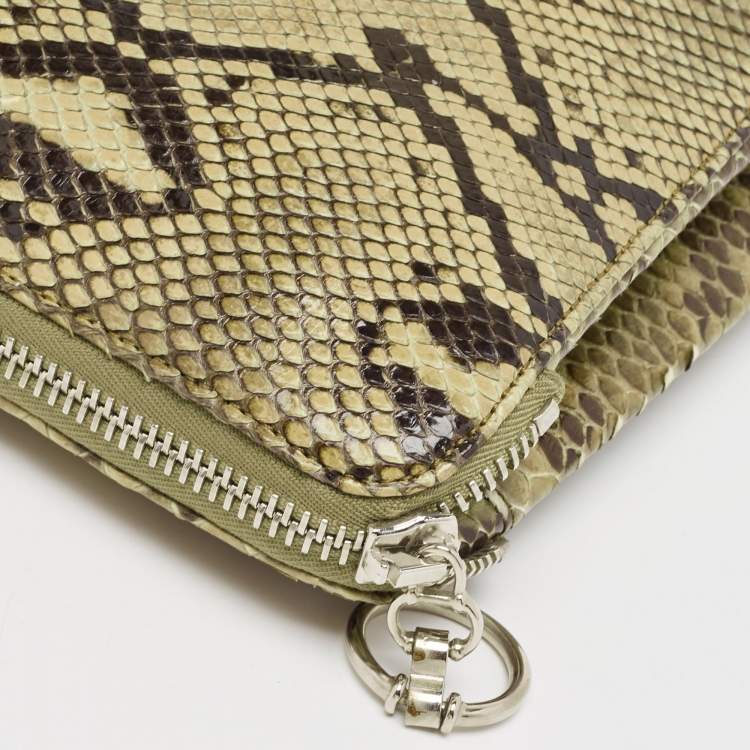 Pre Owned Gianfranco Ferre Olive Green Python Oversized  Zip Clutch