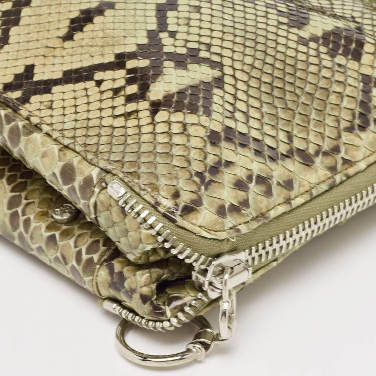 Pre Owned Gianfranco Ferre Olive Green Python Oversized  Zip Clutch