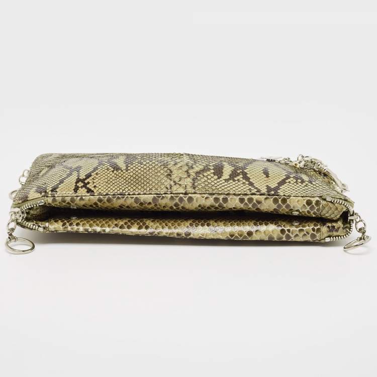 Pre Owned Gianfranco Ferre Olive Green Python Oversized  Zip Clutch