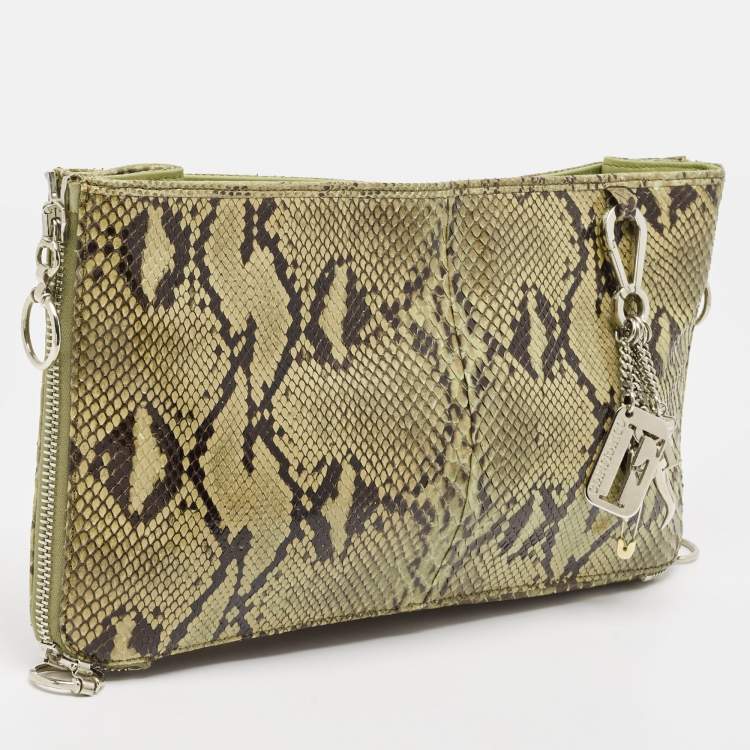 Pre Owned Gianfranco Ferre Olive Green Python Oversized  Zip Clutch