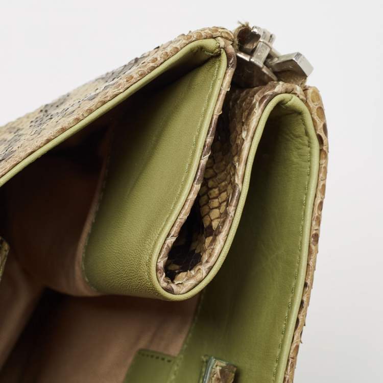 Pre Owned Gianfranco Ferre Olive Green Python Oversized  Zip Clutch