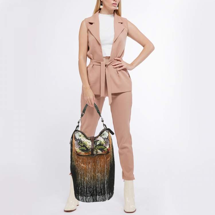 Pre Owned Gianfranco Ferre Multicolor Zebra/Floral Calfhair, Satin and Crocodile Embellished Fringe Bag