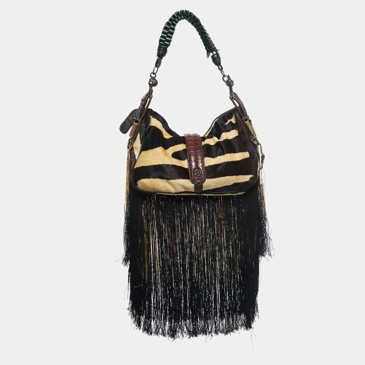 Pre Owned Gianfranco Ferre Multicolor Zebra/Floral Calfhair, Satin and Crocodile Embellished Fringe Bag