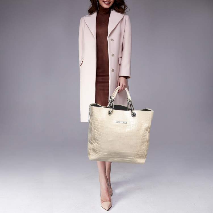 Pre Owned Gianfranco Ferre Cream Alligator Grommete Tote