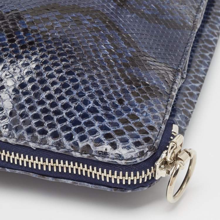 Pre Owned Gianfranco Ferre Blue Python Oversized Zip Clutch