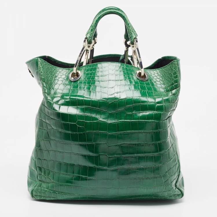 Pre Owned Gianfranco Ferre Green Crocodile Grommet Tote