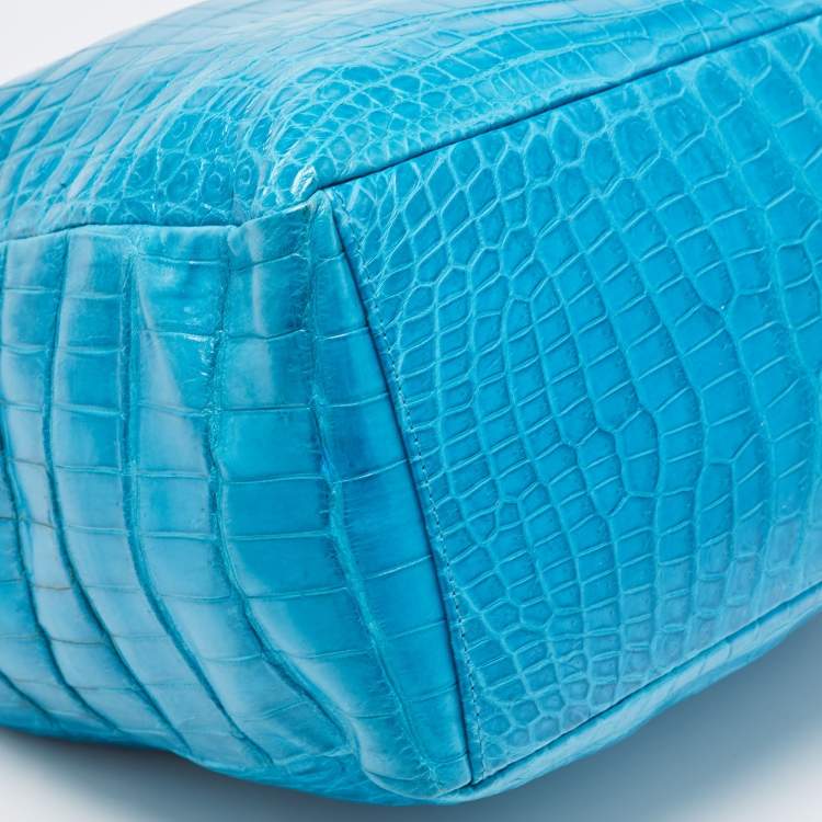 Pre Owned Gianfranco Ferre Turquoise Blue Crocodile Grommet Tote